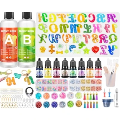 Image of JIDJIX Epoxy Resin Kits for Beginners, 218 PCS Kit, Silicone Letter Moulds with Pigments, Sequins, Gold Leaf, Keychain,Tassels, DIY Keyring Jewelry Making