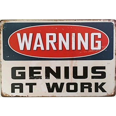 Image of Hioni Warning Genius At Work, Metal Tin Sign, Vintage Plaque Wall Decor