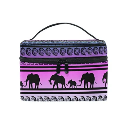 Image of Makeup Bag, Elephant Indian Pattern Print Cosmetic Toiletry Storage Organiser Large Travel Handle Personalised Pouch with Compartments for Teenage Girl Women Lady