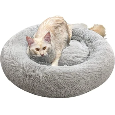 Image of Comlax Calming Donut Dog Beds Large, Round Cushion with Removable Washable Cover, Anti Anxiety Faux Fur Cuddler, Fluffy Comfy Furry Pet Bed (70cm, Grey)