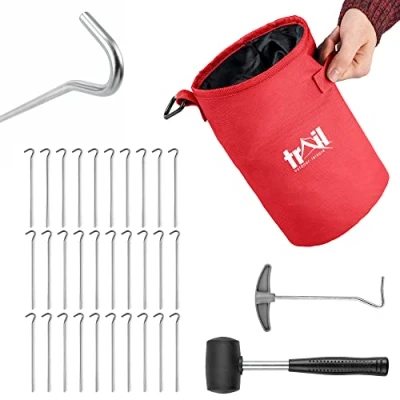 Image of Trail 30 x Heavy Duty Tent Pegs Preformed Steel with Mallet, Peg Extractor and Bag Carabiner Clip (Peg Size: 22.5cm 4.5mm)