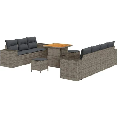 Image of vidaXL 10 Piece Garden Sofa Set with Cushions Grey Poly Rattan Acacia