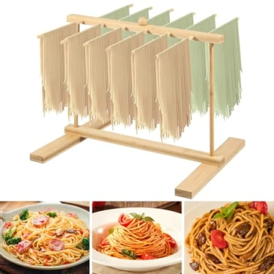 Image of Pasta Drying Rack, Detachable Bamboo Spaghetti Rack Suspension Design, Smooth Noodle for and Cooking(Wooden)