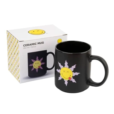 Image of Grupo Erik Smiley Quirky Comics Black Ceramic Mug 35 cl / 350 ml 11,8 oz 3.74 x 3.15 inches 9.5 8 cm Coffee Tea Cool Gifts Face