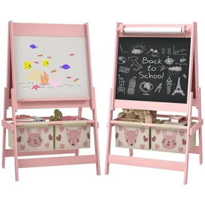 Image of AIYAPLAY Kids Easel with Paper Roll, 3 in 1 Art for Children, Blackboard, Whiteboard, Storage Baskets, Pink
