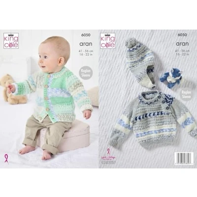 Image of King Cole Baby Aran Knitting Pattern Raglan Sleeve Sweater Jacket &amp; Hat (6050)