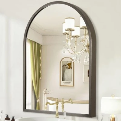 Image of HLFMVWE Large Arch Metal Framed Bathroom Mirror for Wall, Aluminum Alloy Frame Brushed Wall Mounted Livingroom Bedroom Entryway, 65 x 45cm