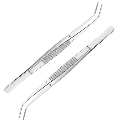Image of Sewing Machine Curved Tweezers Set 6 inch/15.5cm Serrated Bent Tips Professional Grade Stainless Steel Angled Blunt for Crafting/Pet,2Pcs