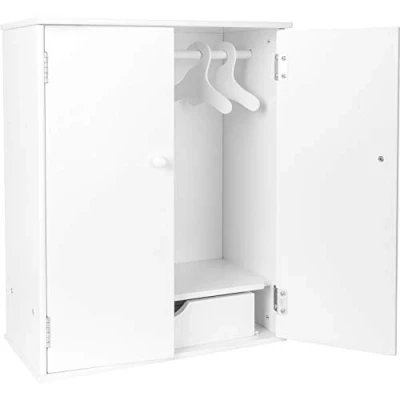 Image of small foot Wooden doll cabinet in white, with accessories such as clothes rail and hanger, addition to accessories, 11213, 40 x 20 53 cm
