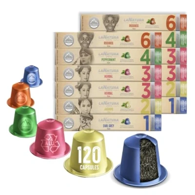 Image of La Natura Lifestyle Wellness &amp; Vital Tasting Pack, 120 Tea Capsules, Compatible with Nespresso®3 Capsule Machines, 100% Recyclable, Herbal Tea, Peppermint Jasmine Rooibos
