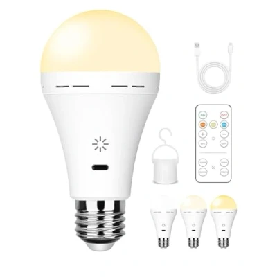 Image of USB Rechargeable Light Bulb with Remote Control, 3 Color Temperature LED Dimmable Battery Powered Bulbs, E27 7W Touch Control Timer, Emergency Hook, 2600mah,1 Pack