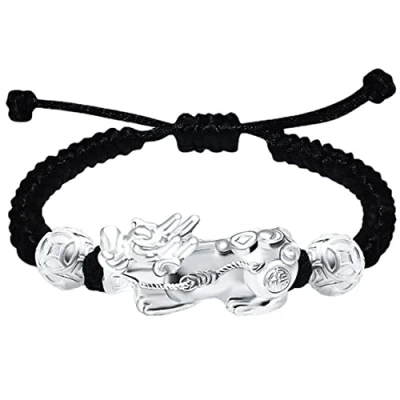 Image of Charm Bracelet Red String 925 Sterling Silver Feng Shui Pixiu for Women Men Pi Yao Amulet Protection Wealth Good Luck Red/Black Rope Bracelet,Red,Small ( Color