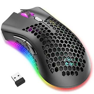 Image of JYCSTE Wireless Lightweight Gaming Mouse, Ultralight Honeycomb Mice with RGB Backlit, 7 Button, Adjustable DPI, USB Receiver, 2.4G Rechargeable Ergonomic Optical Sensor Mouse (Black)