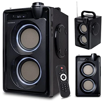 Image of Overmax Soundbeat 5.0 Bluetooth Speaker 20W RMS Crystal Clear Sound, Built in FM Radio, USB, SD, AUX Playback, LED Lighting, Karaoke Feature, Long Lasting 3600mAh Battery Up to 9 hrs, Remote Control