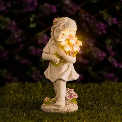 Image of Garden Mile Solar Powered ornaments outdoor Hard wearing weatherproof Resin decor Girl Figurine with flower bouquet, Little sculpture for garden, patio (Solar Girl)