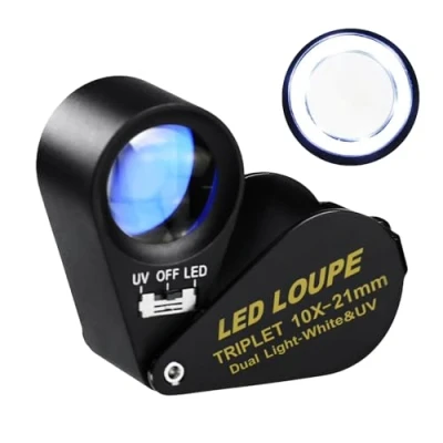 Image of Illuminated Jewelers Loupe Magnifier, Foldable Jewelry Magnifier with 6 LED &amp; UV Lights, Hastings Triplet 10X for Gems, Jewelry, Coins, Stamps, etc