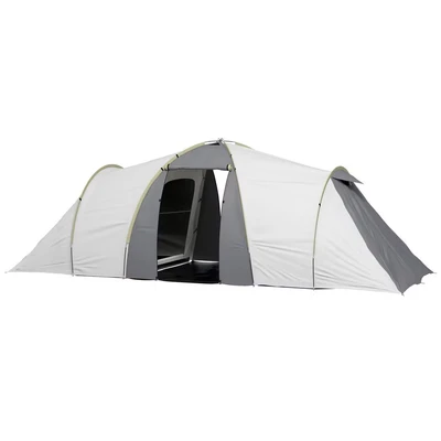 Image of Outsunny 4 6 Man Tunnel Tent with 2 Bedroom, Living Area and Vestibule, Large Camping Tent, 2000mm Waterproof, UV50+, Portable Bag, for Fishing Hiking Festival, Grey Yellow