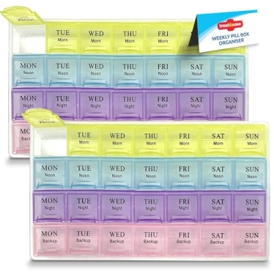 Image of 2pk SOL Weekly Pill Box Tablet Organiser 7 Day Large Boxes 4 Times a Daily Dosset Medicine Storage