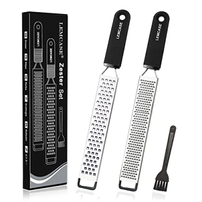 Image of LEMCASE Lemon Zester and Cheese Grater Citrus, Parmesan, Chocolate, Nutmeg, Garlic, Ginger Silicone Handle Stainless Steel Blades with Protective Cover Black (2 Piece Set)