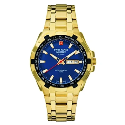 Image of swiss alpine military Men&#039;s Watch Analogue Quartz 7043.1 Stainless Steel, Gold/Gold/Blue 1115sam, Bracelet