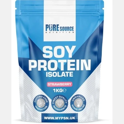 Image of Pure Source Nutrition Soy Protein Isolate Powder (90% Protein) 1KG / 1000g Strawberry SOYA Vegan for Superfood Supergreens Dairy Free Plant Based