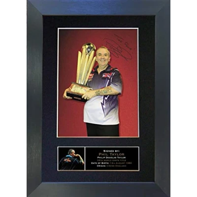 Image of PHIL TAYLOR Signed Autograph Mounted Photo Reproduction PRINT A4 Rare Perfect Birthday (297 x 210mm) #299 (Black Frame)