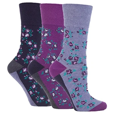 Image of 3 Pairs of Ladies Sock Shop Gentle Grip Patterned Socks, Various Designs/Colours, UK Size 4 8 (Purple Floral)