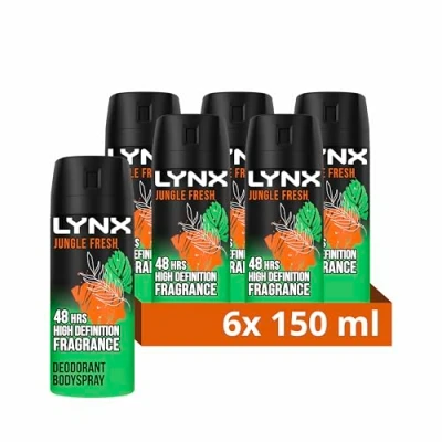 Image of Lynx Jungle Fresh Body Spray deodorant with a palm leaves &amp; amber scent 48 hours of odour busting zinc tech 6x 150 ml
