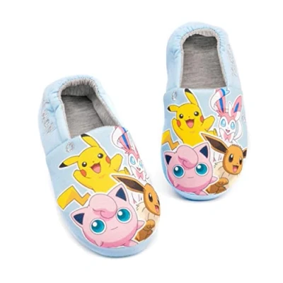 Image of Pokemon Slippers for Girls Kids Pikachu Sylveon Eevee Jigglypuff Character House Shoes Merchandise Her Game Blue Slip On Loafers 4 UK
