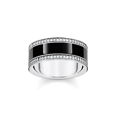 Image of Thomas Sabo Women Silver Blackened Band Ring with Black Cold Enamel and Zirconia 925 Sterling Silver, Blackened, TR2446 691 11