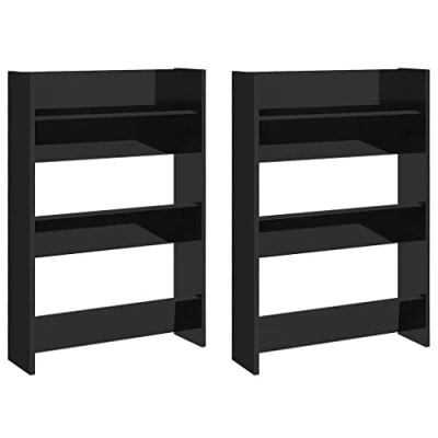 Image of vidaXL Wall Mounted Shoe Cabinets Set of 2, High Gloss Black, Engineered Wood, 3 Tipping Shelves, Adjustable Height