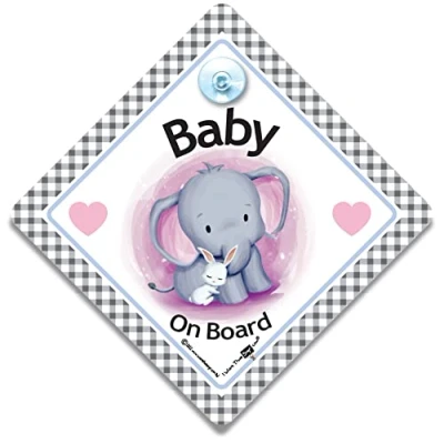 Image of iwantthatsign.com Elephant and Rabbit Baby on Board Car Sign, Sign with Suction Cup Attachment for new Borns Mothers