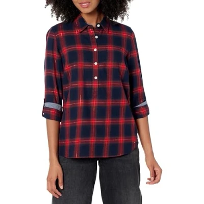 Image of Tommy Hilfiger Women&#039;s Long Sleeve Half Zip Roll Tab Popover Shirt, True Blue Multi, S