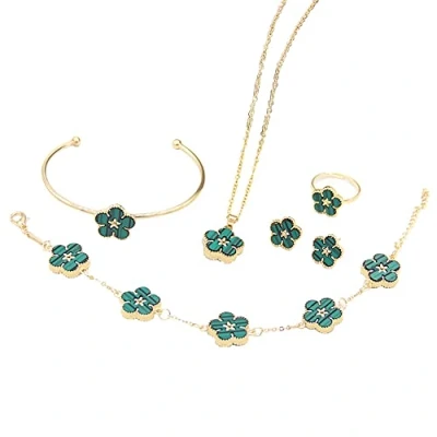 Image of QKEPCY Four leaf Clover Jewelry Set Gold Plated Flower Pendant Necklace Rings Chain Bracelet Bangle Stud Earrings Enamel Jewellery for Teen Girls Women (Green)