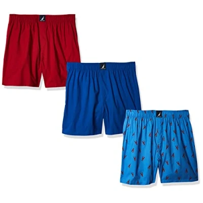 Image of Nautica Men&#039;s Cotton Woven 3 Pack Boxer, Sea Cobalt Red/Lobster Aero Blue, X Large