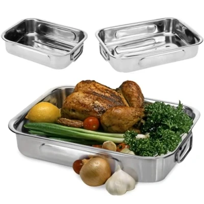 Image of Set of 3 Roasting Baking Tin Trays Cooking Oven Dish Bakeware Stainless Steel