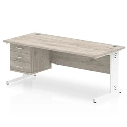 Image of Impulse 1800x800 Desk Grey Oak White Leg 1x3 Drawer Fixed Pedestal