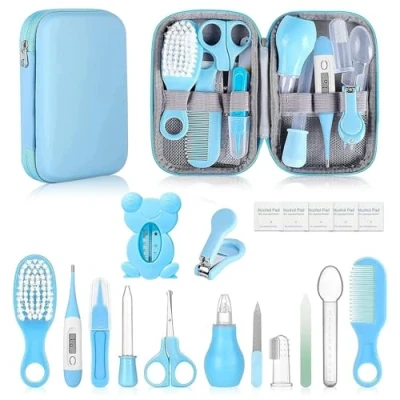 Image of MEETOZ Baby Healthcare and Grooming Kit, 19 in 1 Infant Safety Care Set with Hair Brush Comb Nail Clipper Nasal Aspirator,Baby Essentials Kit for Newborn Girls Boys (Blue)
