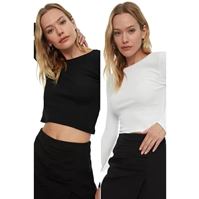 Image of Trendyol Women Slim fit Basic Crew Neck Knitted Blouse Black White