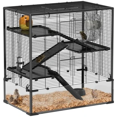Image of PawHut Hamster Cage with Deep Tempered Glass Bottom, 4 Tiers Large Tank Hut, Running Wheel, Platforms, Ramps, Food Dish, Water Bottle, for Syrian, Dwarf, Rats, Gerbils, 78.5 x 48.5 80cm