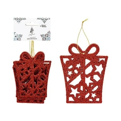 Image of Glitter Christmas Tree Decorations Set of 6 Presents Red