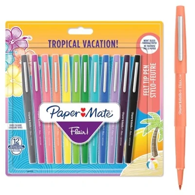 Image of Paper Mate Flair Felt Tip Pens Medium Point (0.7 mm) Marker Assorted Tropical Vacation Colouring For Kids &amp; Adult Colouring, Journalling More 12 Count