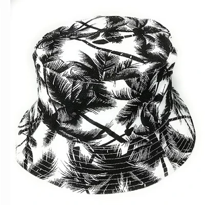 Image of Cool Hawaiian Palm Tree Print Bucket Style Sun hat Holiday Festival Hats (White Black)