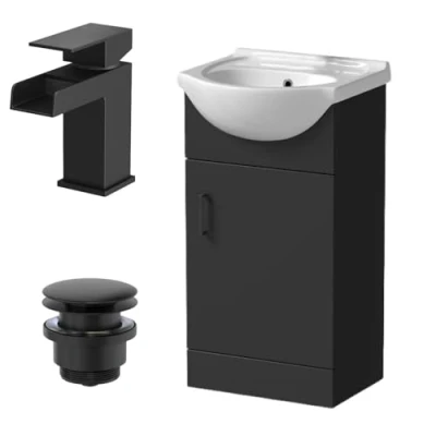 Image of Affine® 450mm Bathroom Vanity Unit Ceramic Sink Floorstanding Storage Cabinet Cupboard &amp; Black Waterfall Basin Tap Waste Set, Matt