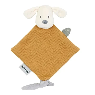 Image of Nattou Comforter Doudou with Ties, 30 x 20 cm, Cuddly Snuggle Blankie, Security Blanket, Extra Soft Cotton/Polyester, Machine Washable, PETA Approved Vegan, Jacquard, Vanilla Charlie the Dog, Caramel