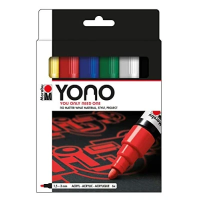 Image of Marabu Yono Marker Pen, Bullet Tip, (1.5 3mm), Yellow, Cherry, Dark Blue, Rich Green, White, Black, (019, 125, 053, 067, 070, 073), Pack Of 6
