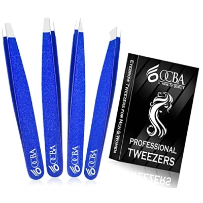 Image of OCBA 4 Pcs Blue Tweezers for Facial Hair Women &amp; Men Precise Grooming of Eyebrows Professional Stainless Steel Black Color Coated Eyebrow Ingrown on Nose Ear (Blue)