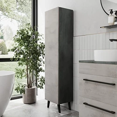 Image of Vitusso® 1380 x 350mm Freestanding Tall Bathroom Cabinet Storage Shelf Cupboard Mounted Wooden Tallboy Furniture Unit Soft Close Concrete Grey