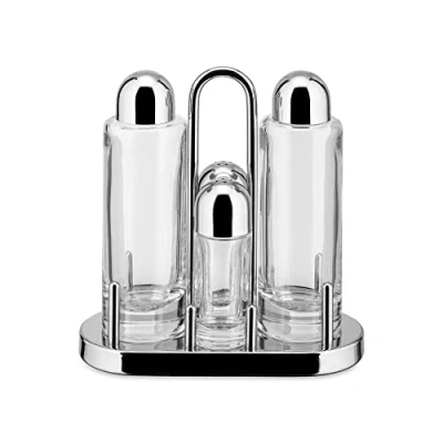Image of Alessi 5070 Design Condiment Set for Oil, Vinegar, Salt and Pepper in 18/10 Stainless Steel Crystalline Glass, Silver