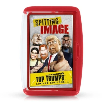 Image of Top Trumps Spitting Image Limited Editions Card Game, play with 30 characters from the bawdy BritBox series including Boris Johnson, Meghan Markle and James Corden, for adults aged 18 plus